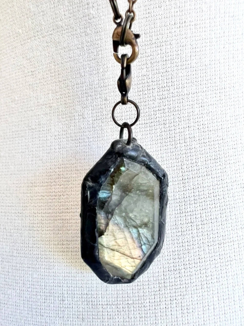 Long Chain Necklace with Labradorite Stones and Medallion